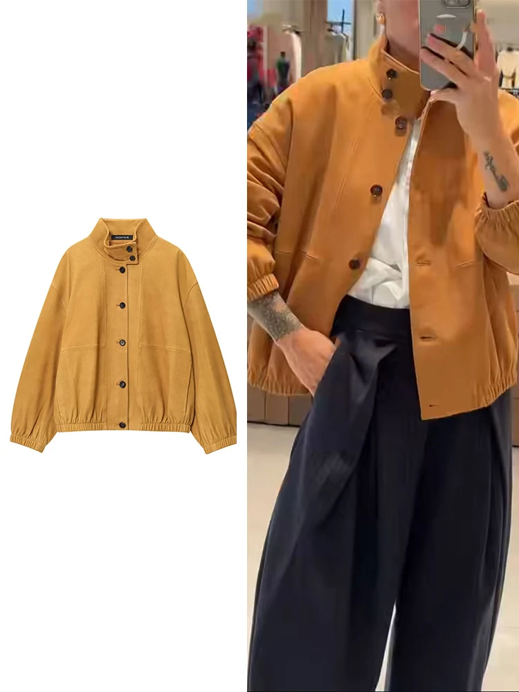 

Autumn Women's Leather Bomber Jacket Fashion Stand Collar Full Sleeve Button Up Short Coat Solid Loose Ladies Trend Clothing