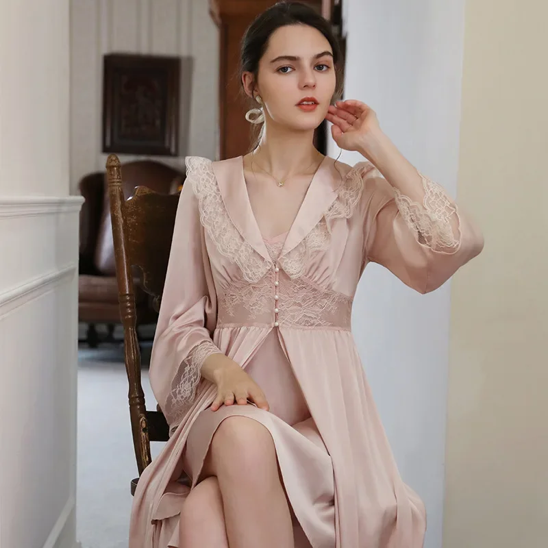 

Sexy Women Satin Night Dress Ice Silk Two Pieces Spring Autumn Robe Sets Lace V Neck Nightgown Fairy Sweet Sleepwear Nightwear