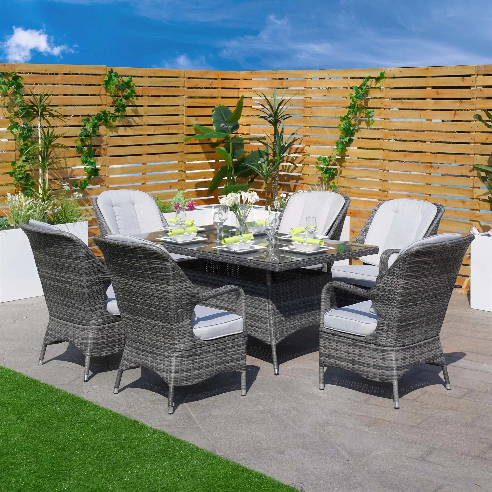 

-Luxury Restaurant Dining Table Outdoor Rattan Furniture Garden Wicker Chairs With Round Table Patio 6 Seat Wicker Dining Set