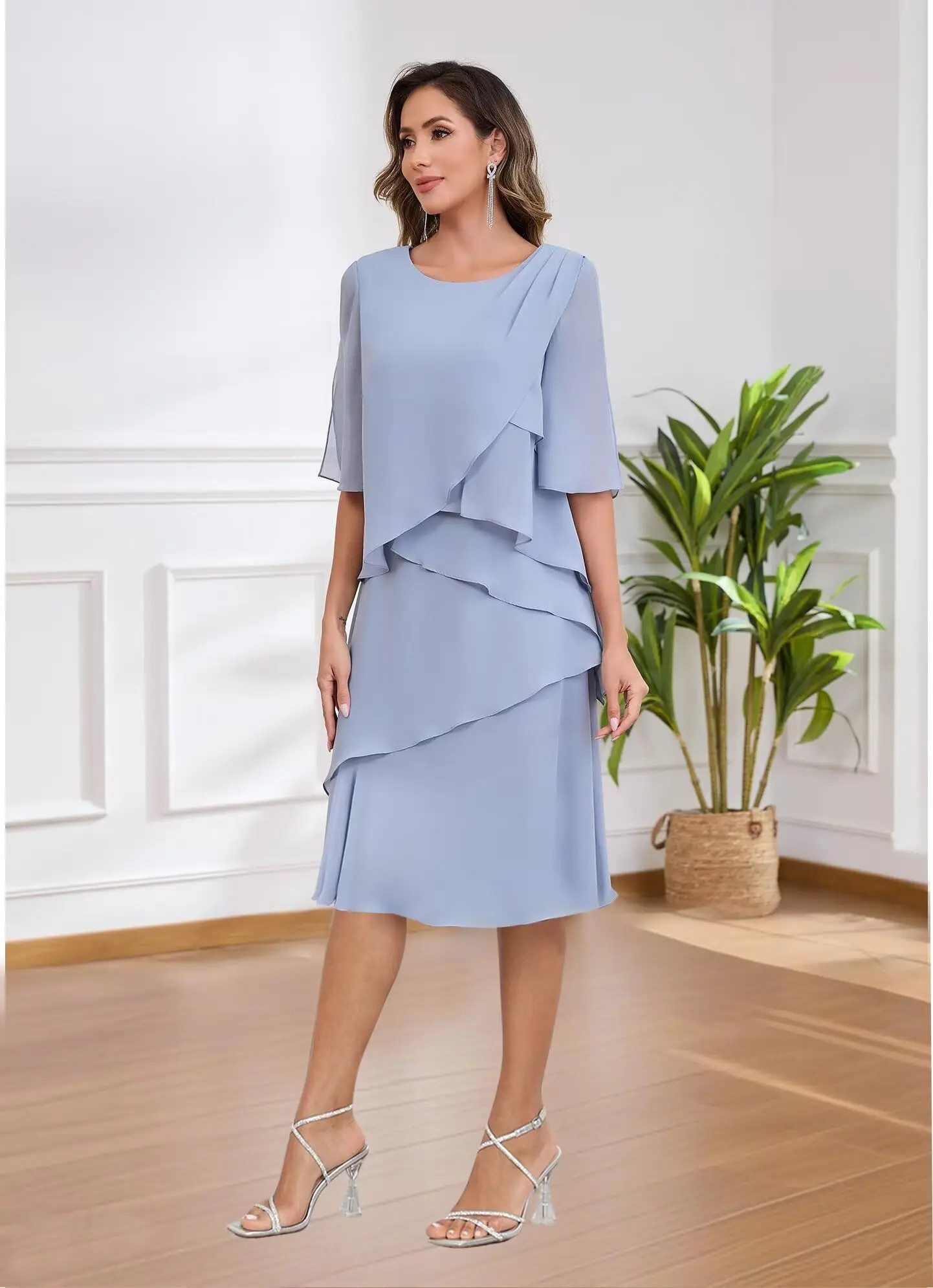 Tiered Chiffon Mother of The Bride Dresses for Women Short Sleeve Tea Length Wedding Guest Dress