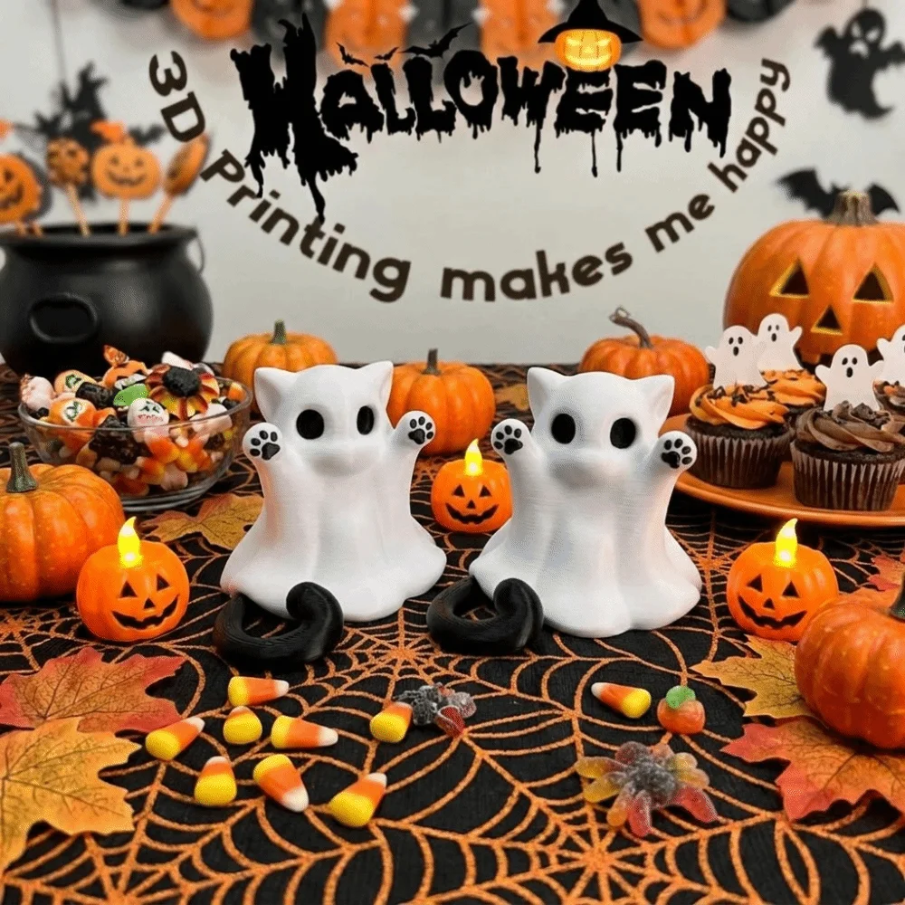 Spooky 3D-printed Halloween Kitten Ghost Ornament Mini Plastic Ghost Cat Ornament Hand-Raising Posture Ghost Cat Figurine Friend
