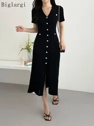Sommer Midi Kleid Frauen gestrickt schwarz Bodycon Korea Stil Rüschen Damen Kleider elegante Mode lässig Frau Kleid 2024