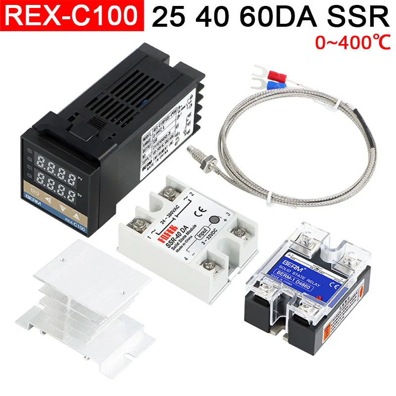 

REX-C100 Цифровой ПИД-регулятор температуры 0–400 ℃ Твердотельное реле из термопары SSR, 220 В, 40 А, 60 А, радиатор