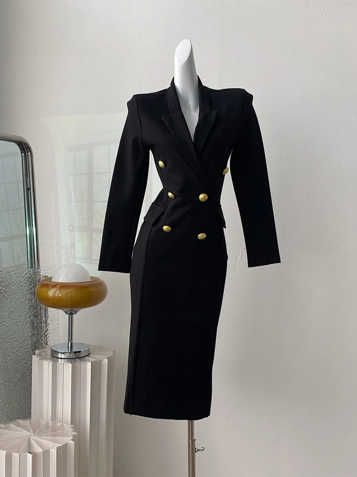 Elegante autunno inverno nero Blazer Dress donna doppio petto Midi manica lunga abiti aderenti Office Lady Formal