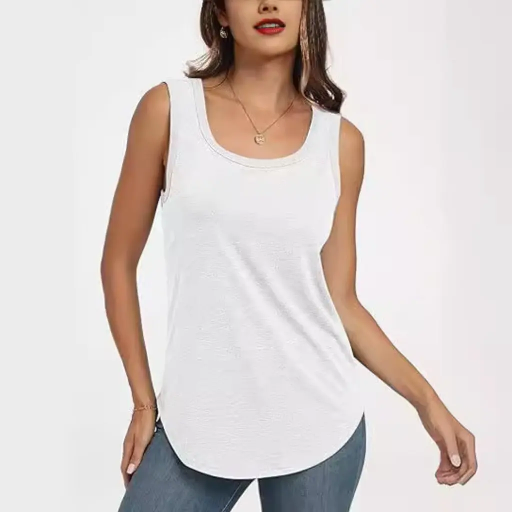 

European And American Women's Sleeveless Fashion Vest round Neck Loose Casual Summer Top Cross Border Rib Sling