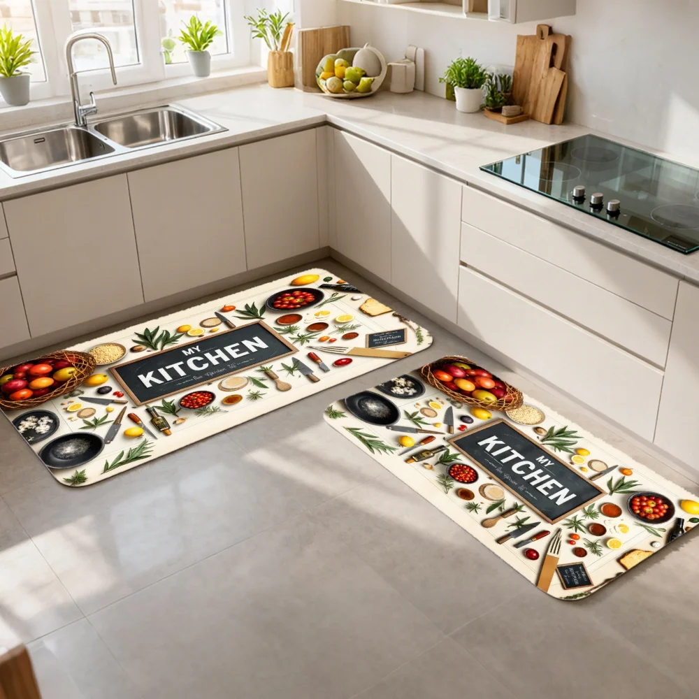 3PCS Mat Set,Home Decoration for Front Door,Kitchen,Kitchen Utensils Fruits Vegetables Spices Cooking Tools Pattern Kitchen Rug.