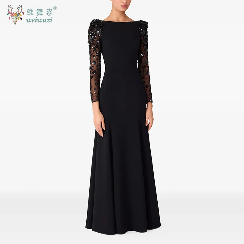 Mais recente moda luxuosa e requintada malha lantejoulas bordado manga comprida em torno do pescoço fino ajuste cintura cinched vestido de noite