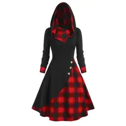 Elegant Dress Women Autumn Irregular Pile Collar Hooded Button Waist Tight Plaid Patchwork Print Large Hem Midi Dress