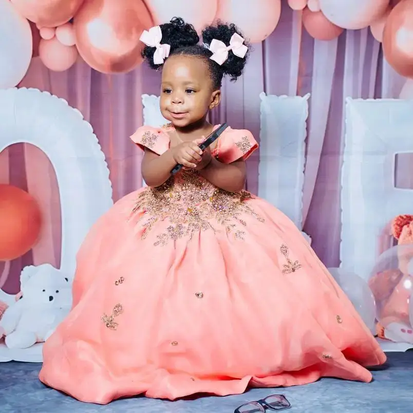 Abito da ragazza di fiore rosa pesca per la festa di nozze Abito da prima comunione principessa con perline di cristallo personalizzato