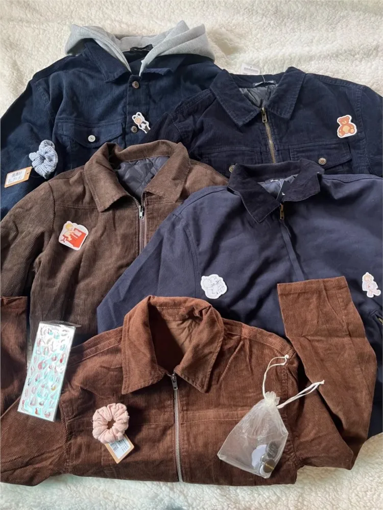 

Vintage Navy Corduroy Cropped Zipper Thick Coats Women Turn Down Collar Preppy Style Jacket Harajuku Streetwear Chic Outerwear