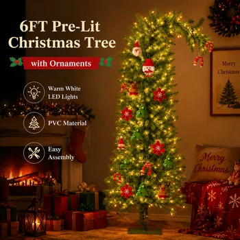 Grinch Bent Top Artificial PVC Christmas Tree with LED String Lights 6Pcs Felt Ornaments…