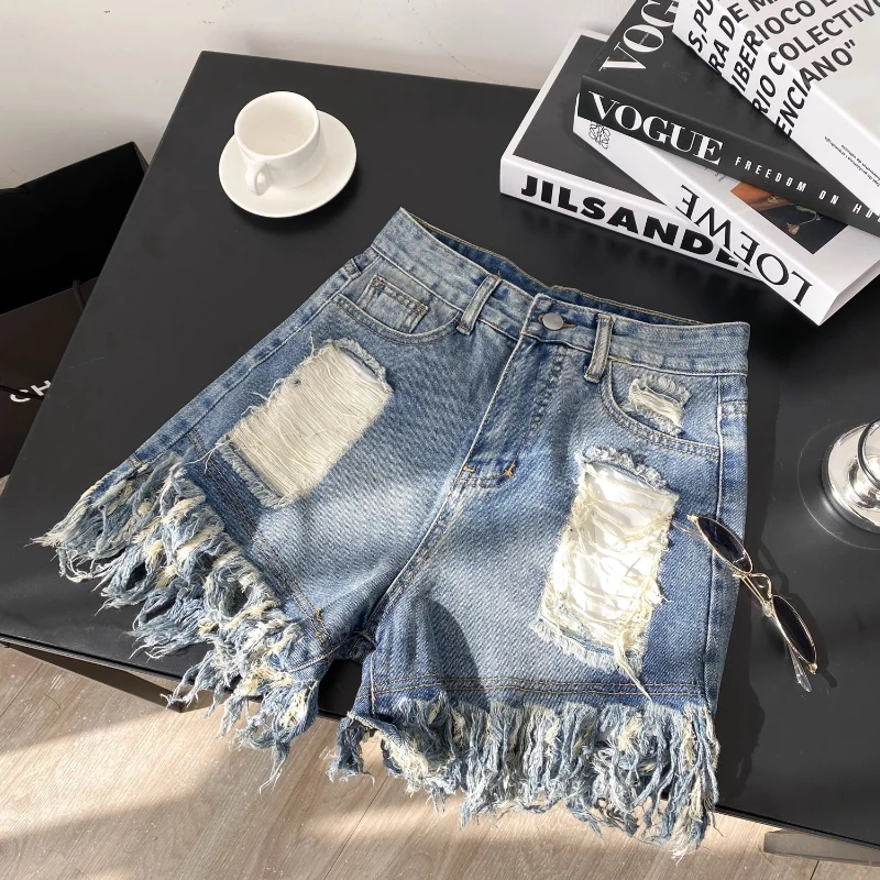 

Denim with Ruffled Shorts Women's Summer High Waisted Loose Hole Wide Leg Student A-line Hot Pants Basic Short Jeans Streetwear