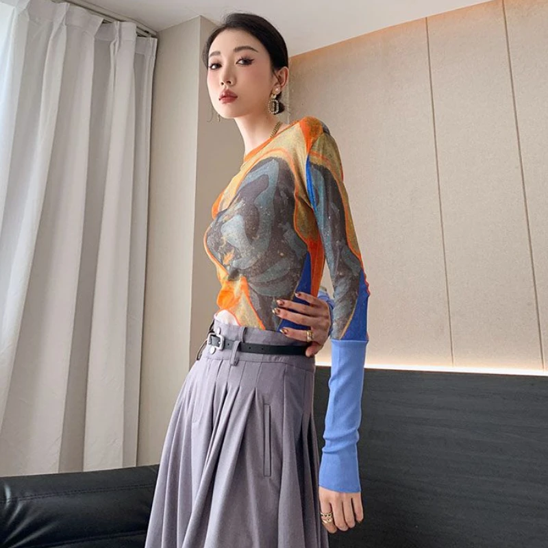 T-shirts Women Print Design Fashion Slim Simple All-match Sexy American Style Vintage Thin Summer Sun-proof Elegant Tender Daily