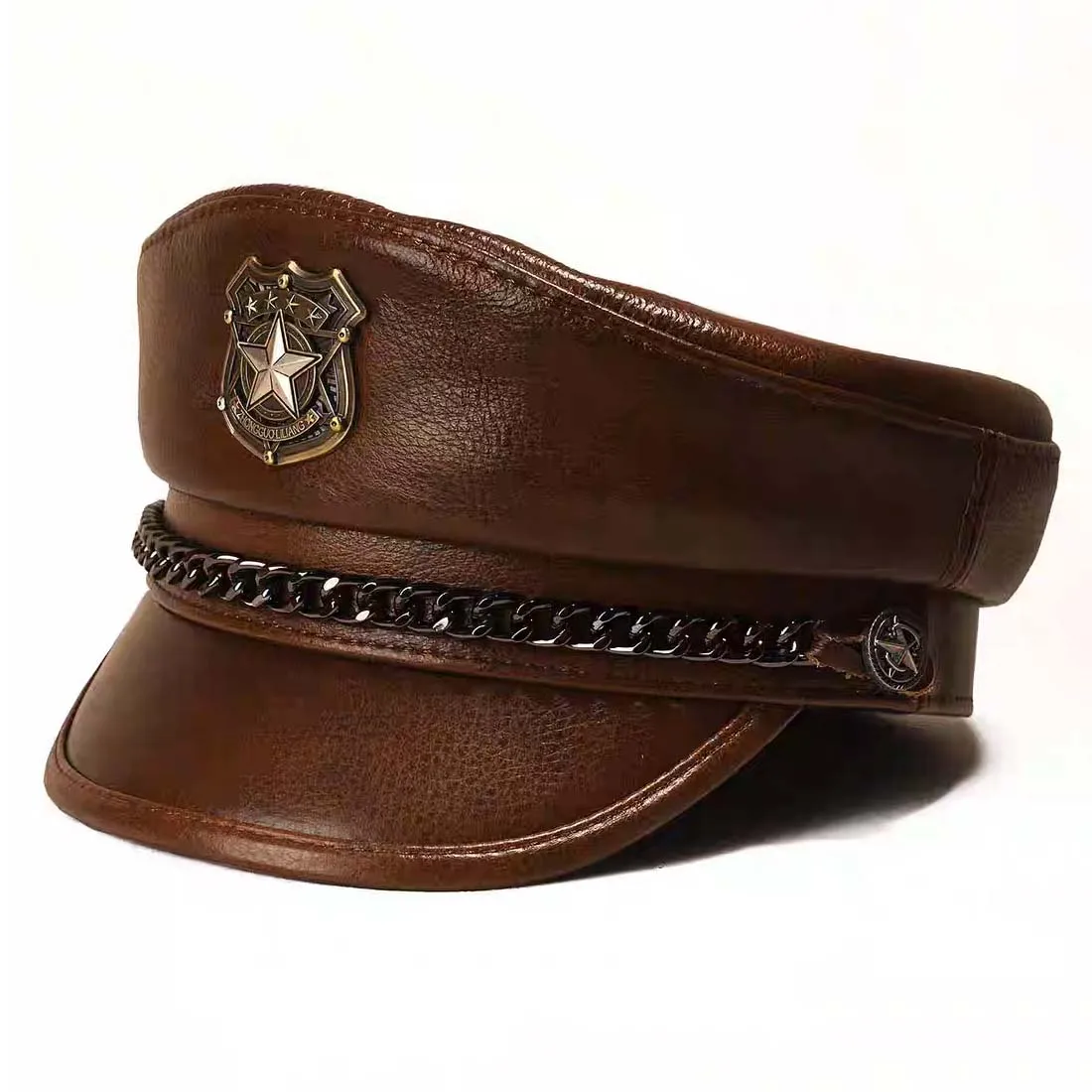 Fashion Spring Men Genuine Leather Cow Skin Hat Male Flat Top Eagle Badge Locomotive Military Caps Students Cortical Army Cap