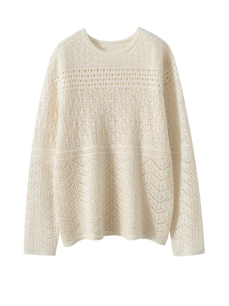 

Autumn Winter O-Neck Hollow Casual Loose Sweater 100% Cashmere Knitted Pullover Bohemian Style Soft Warm Romantic Woman Clothing