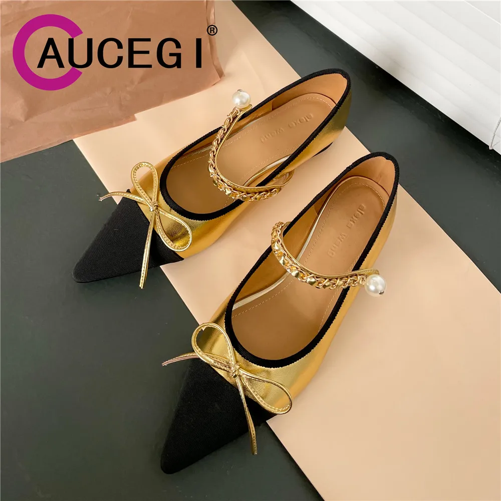 Aucegi 2023 New Autumn Women Mary Janes Flats Fashion Mixed Color Pointed Toe Bowknot Patchwork Party Dress Casual Shoes Gold