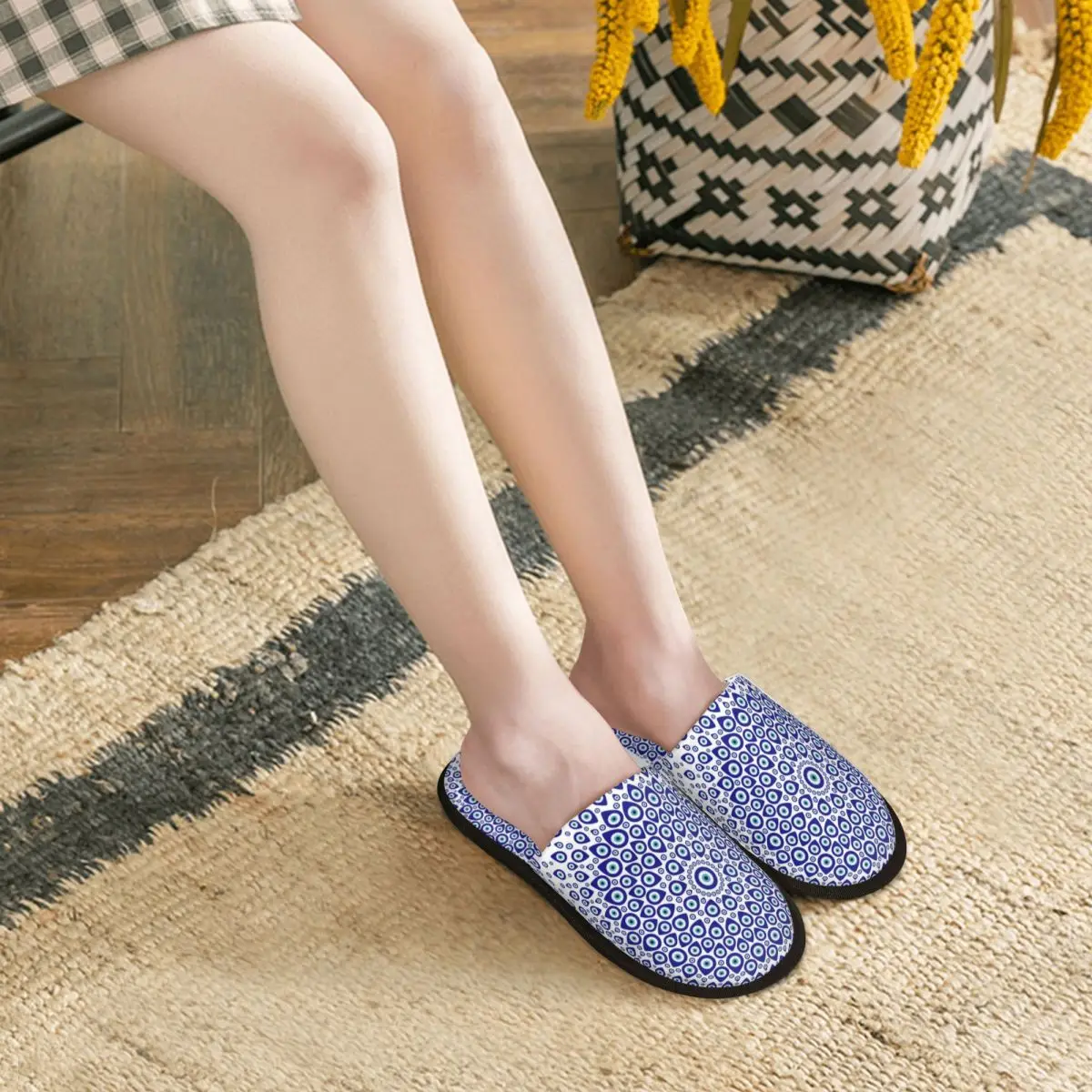 Custom Nazar Turkish Eye Circular Ornament Guest Slippers for Bedroom Women Amulet Boho Hamsa House Slipper