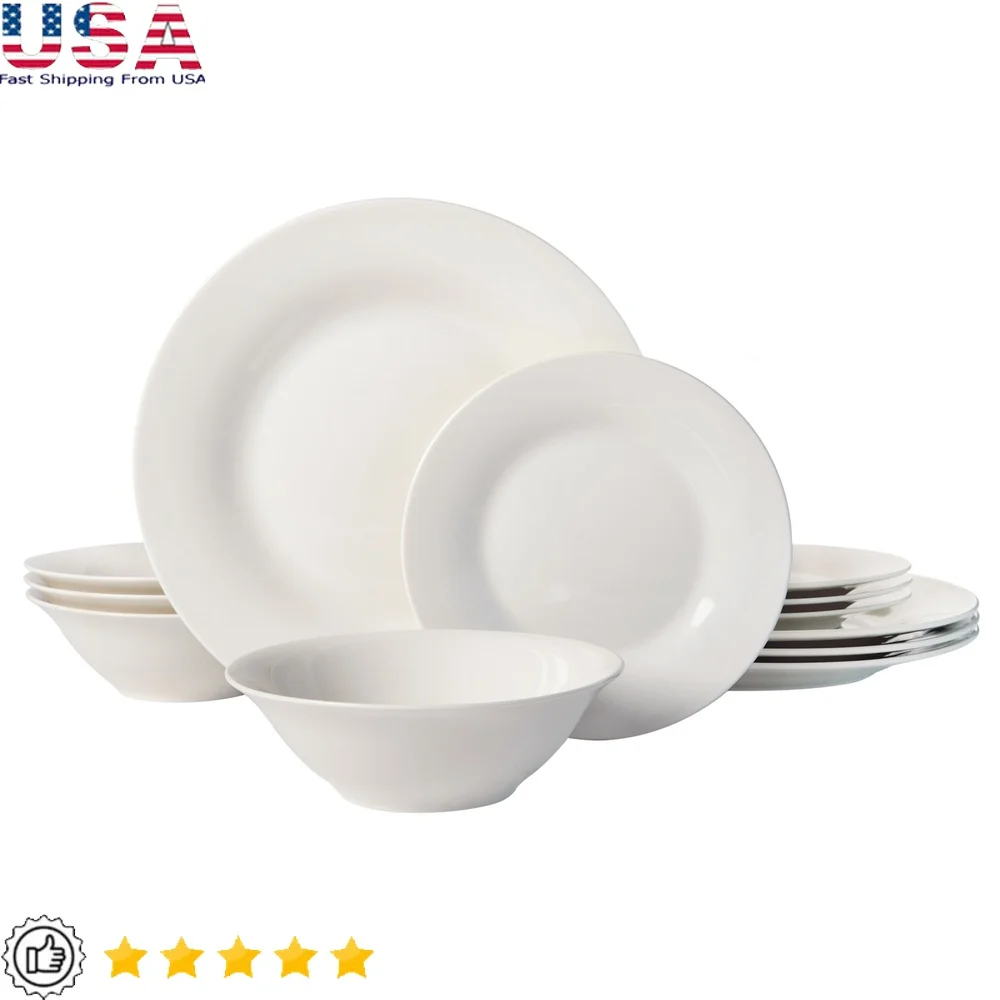 

Everyday Round White Stoneware 12-Piece Dinnerware Set Dishwasher Microwave Safe Fine Ceramic Ideal Any Meal or Occasion