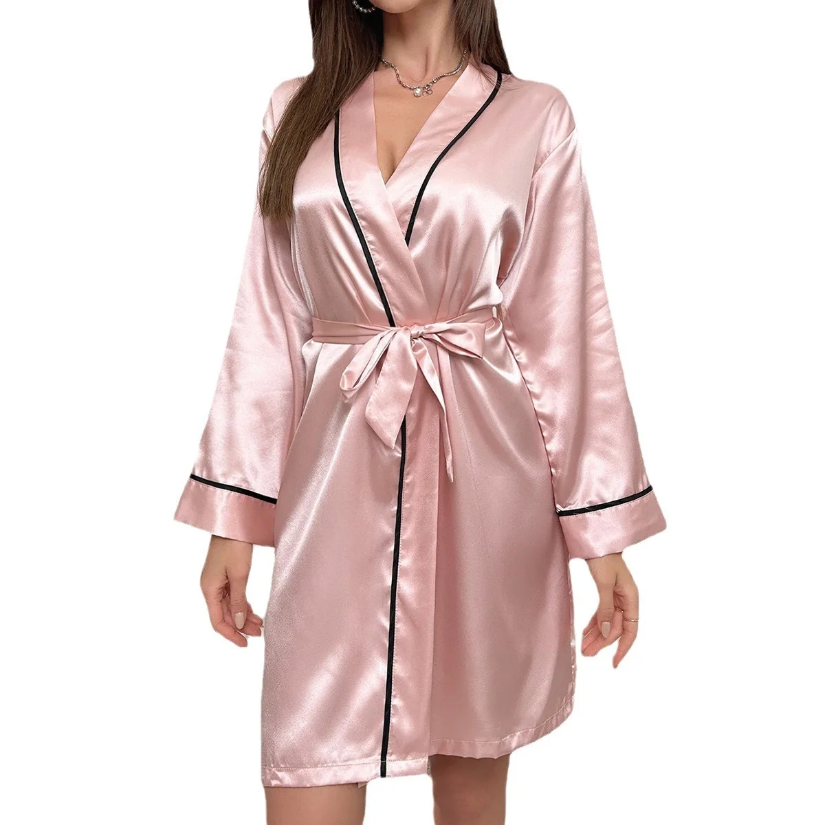 2024 Solid Satin Night Robe Elegant Long Sleeve V Neck Pajamas With Belt Sexy Women Sleepwear