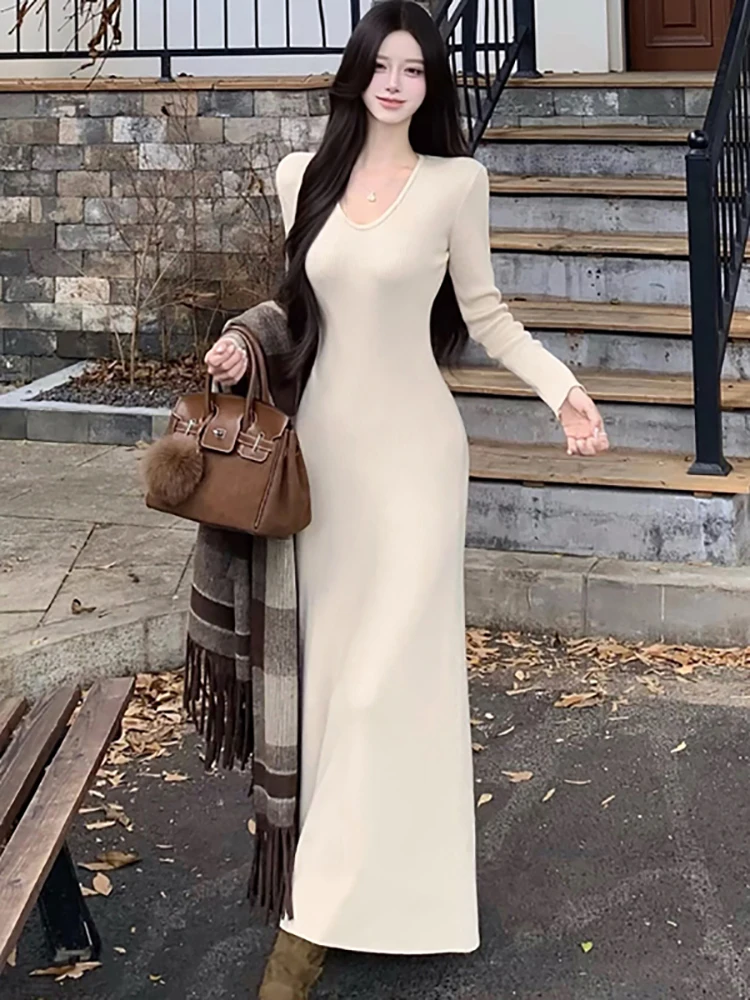 2025 جديد مخطط محبوك شيك ضمادة فستان ماكسي المرأة الكورية خمر Bodycon فستان فاخر الخريف الشتاء فساتين سترة أنيقة #3