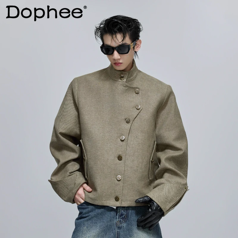 

Fashion Stand Collar Single Row Multi-Button Jackets Men's 2025 Autumn New Loose Cotton Coats Long Sleeve Solid Color Jackets