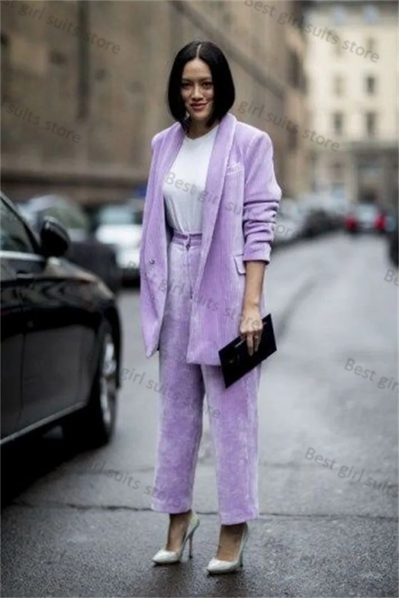 Purple Velvet Women Suit Set 2 Piece Blazer+Pants Wedding Tuxedos Formal V Neck Lady Jacket Coat Tailored Made Prom Dress