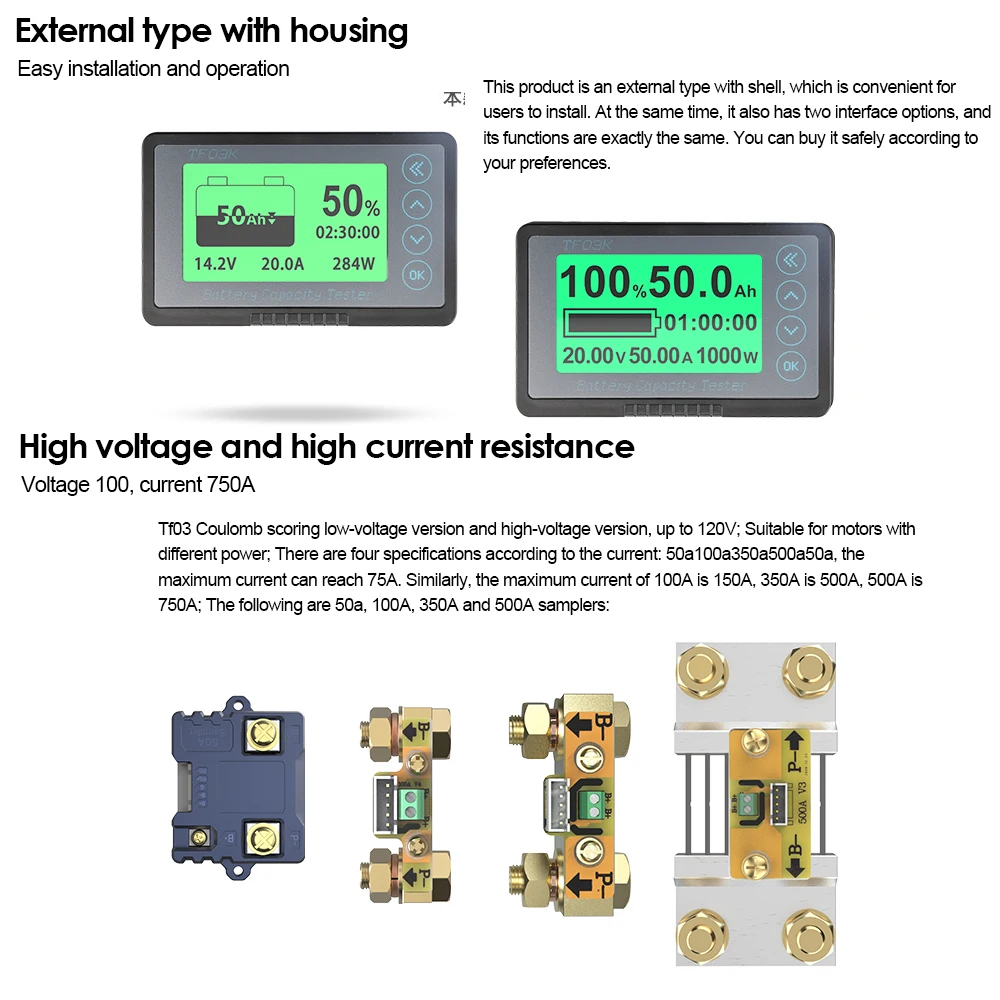 TF03K Coulometer 120V 100A Battery Capacity Indicator Voltage and Current Display Lithium Battery Tester Electric Motorhome