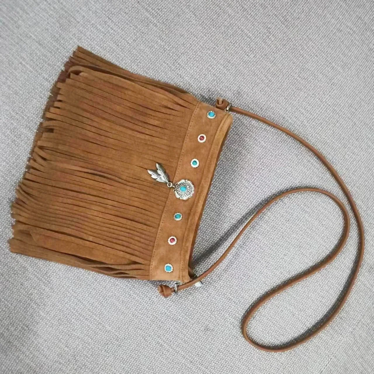 Vintage Genuine Leather Suede Fringed Side Sling Bag for Women Bohemian Boho Gypsy Hippie Ibiza Tribal Cottagecore Crossbody Bag