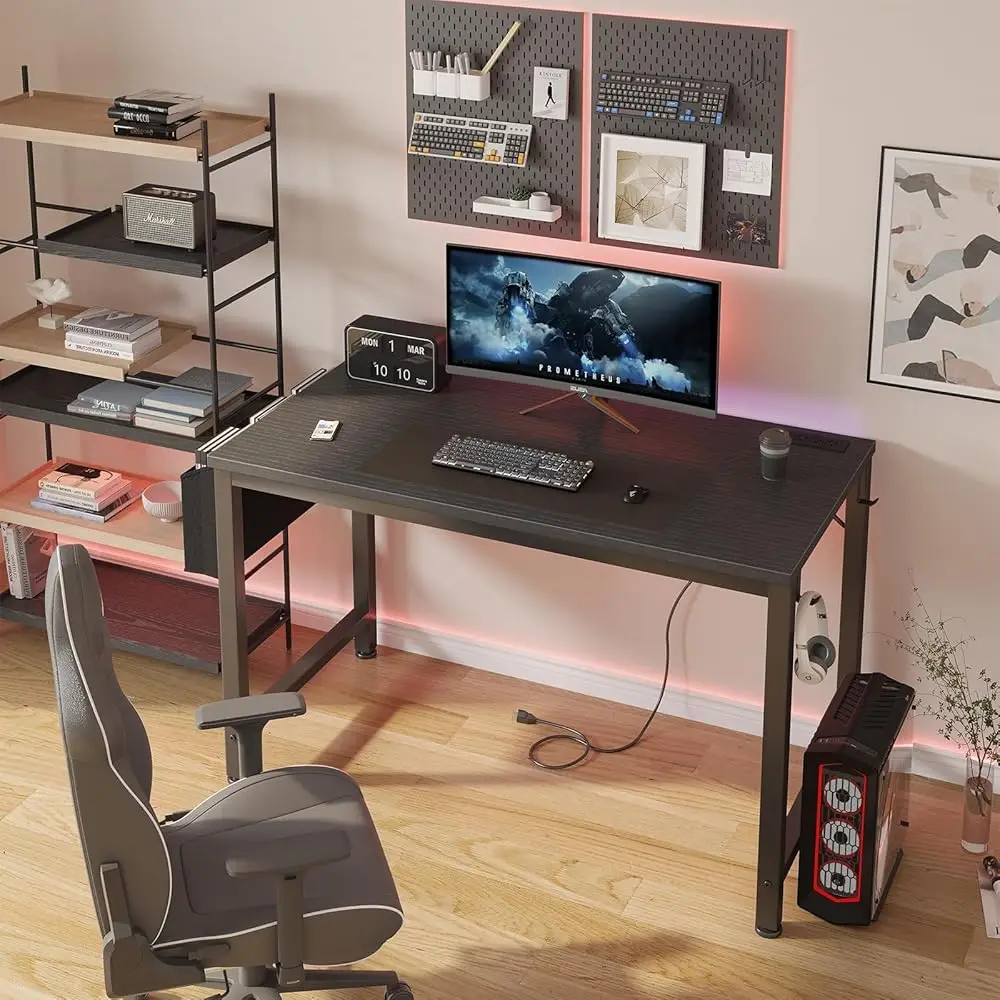 Gaming Desk With Power Outlet, 47 H Teen Study Table Home Office Work Writing Computer Desks With Charging Station Outlets