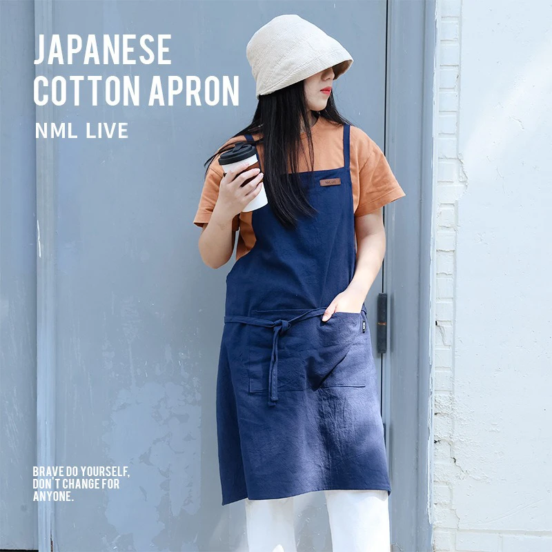 

Japanese Korean Cotton Canvas Apron with Pockets for Women and Men Cross-back Catering Kitchen Cooking Pinafore Work Clothes