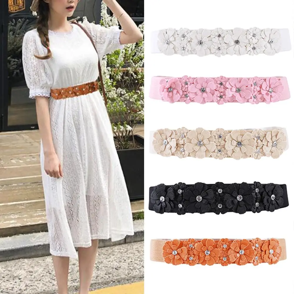 

Fashion Women Corset Rose Flower Wide Waist Belt Elastic Stretch Waistband Cincher PU Waist Belt Female Dress Accessories