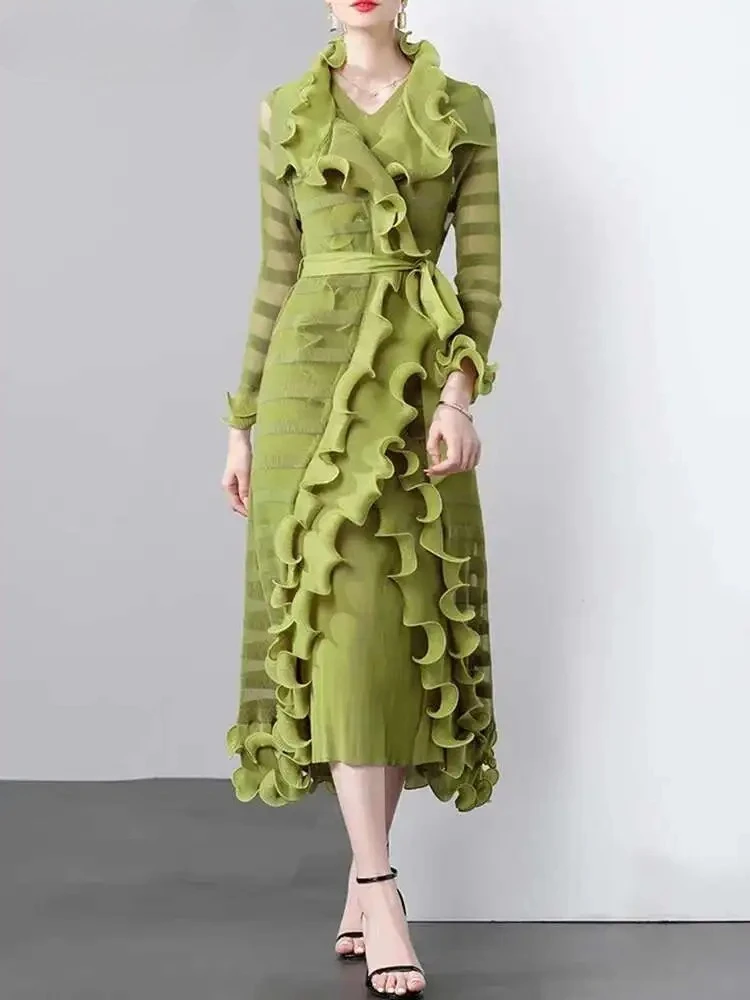 

Fashion Casual Pleated Stripe Two Piece Lapel Round Neck Dress + Jacket Loose Full Sleeve Miyake 2025 Summer Women's Clothing