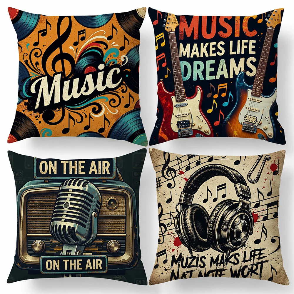 1PC 2D Flat Vintage Music Decorative Throw Pillow Covers Retro Rock Guitar Radio Headphone Home Cushion Cases No Pillow Core