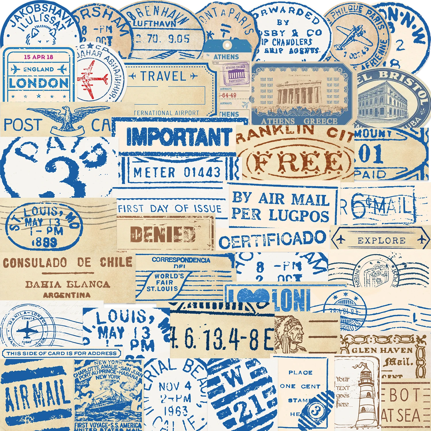 50pcs Travel Ticket Sticker Retro Style Handbook Material Phone Case Laptop Luggage Water Bottle Stationery Decorative Stickers
