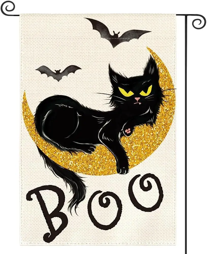 Halloween Welcome Ghost Cat Pumpkin Garden Flag 12x18 inch, Boo Black Cat Moon Bat Home Outdoor Yard Garden Flag Decoration -B