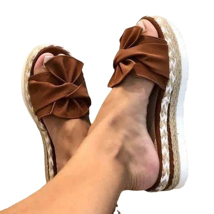 Zapatillas de talla grande para mujer, zapatos de playa a la moda con lazo y plataforma, tacones medios, sandalias de verano para exteriores, envío gratis