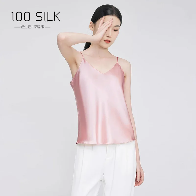 Women 100% Mulberry Silk Camisole Satin V Neck Spaghetti Strap Tank Top Luxury Vest Loose Sleeveless Blouse Office Inner Wear