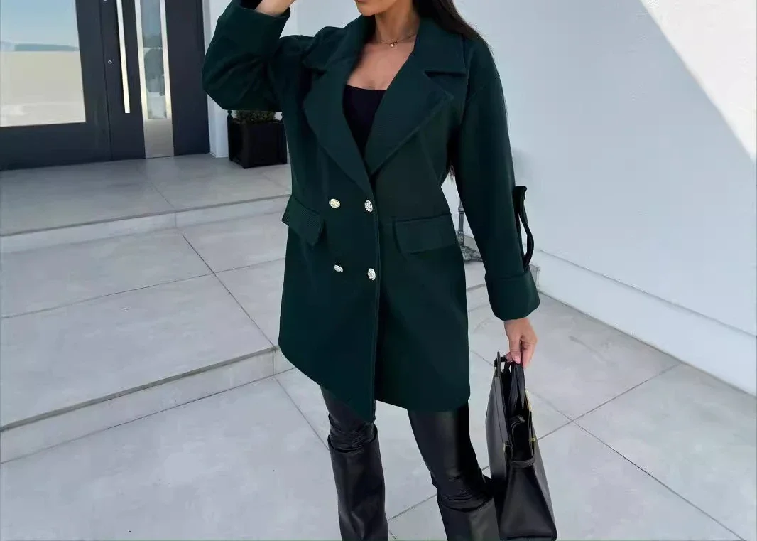 Long Sleeves Blazers Coats for Women Streetwear 2024 Winter New Solid Color Fashionable Versatile Double Breasted Jacket Female