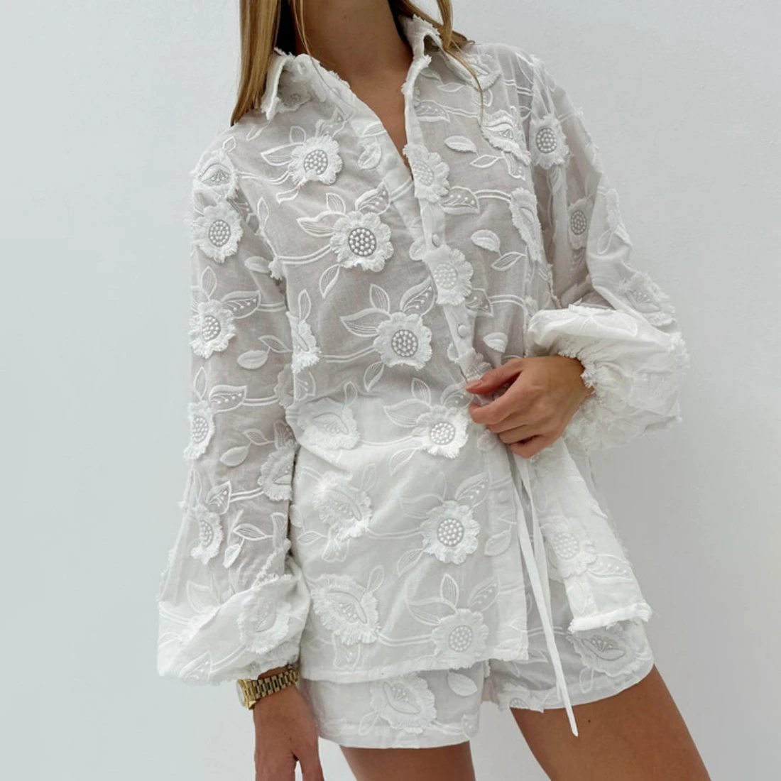 Summer White Cotton 2 Piece Sets Women Outfit Casual Jacquard Button Wrist Sleeve Shirts And High Waist Shorts Female Set