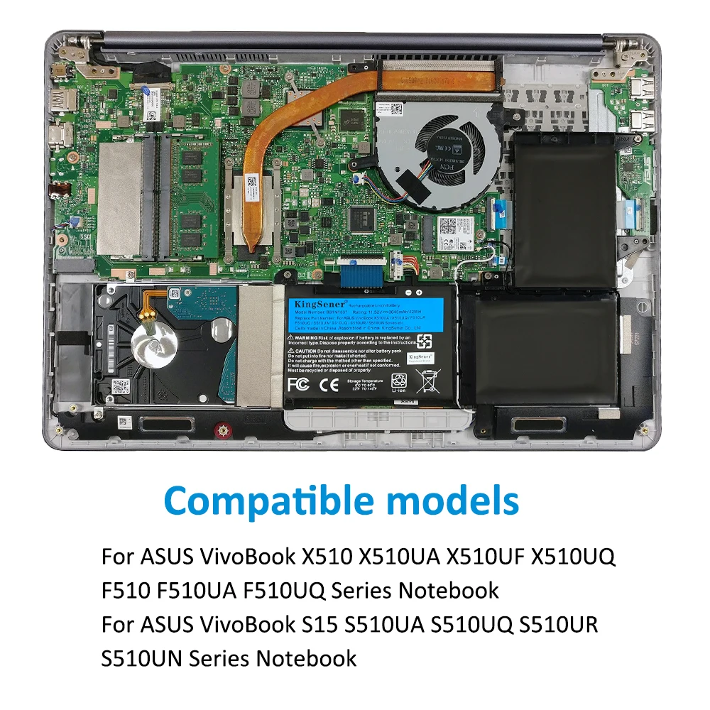KingSener B31N1637 C31N1637 노트북 배터리 ASUS VivoBook X510 X510U X510UQ X510UA S510U S510UF S510UQ F510U F510UA F510UQ
