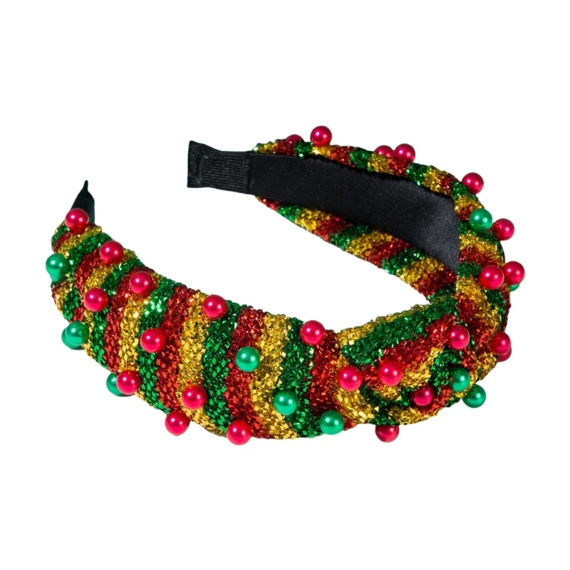 Christmas Theme Headband for Women Girl Nonslip Contrast Color Knotted Turban Headband Pearls Studded Sequined Hairhoop