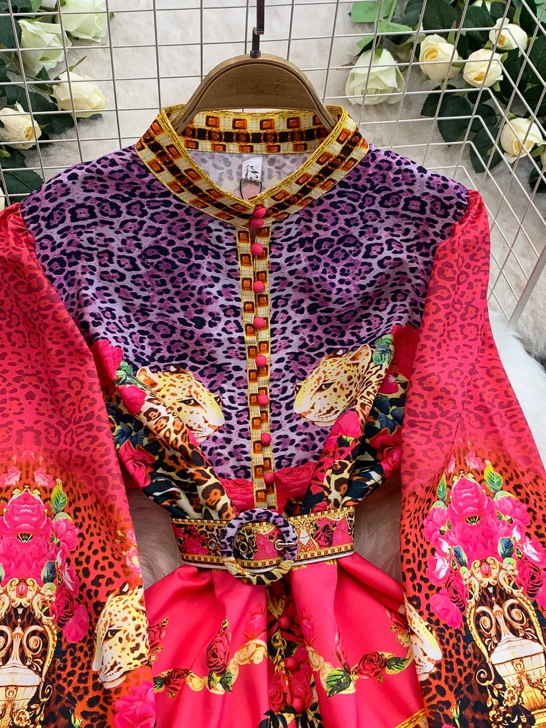 Retro Court Sle Colletto alla coreana Lanterna Sve Dr Donna Estate High-End Stampato Vita che impingente Dimagrante Midi Dr