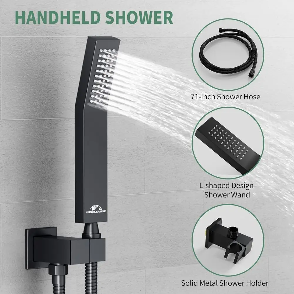 Matte Black Ceiling-Mounted Rainfall Shower System with 12 Square Head, Handheld, and Mixer Valve