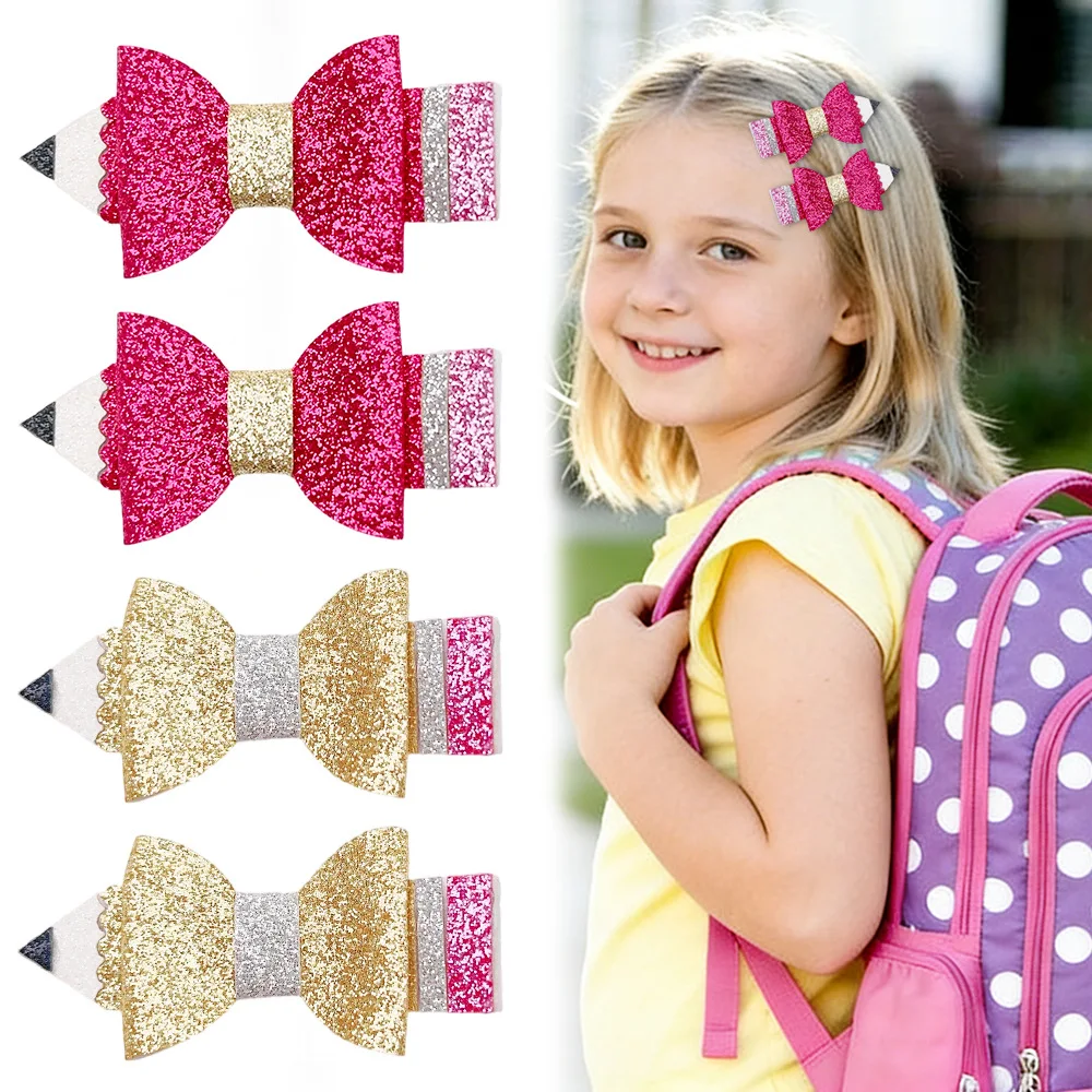 

40 PCS/Lot, 2.36” Glitter Pencil Bow Hair Clips For School Girls Hair Accessories