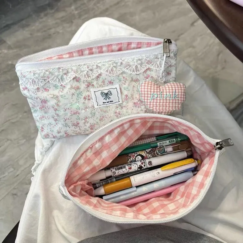 INS-style Aesthetic Lace Floral Print Pencil Case Cute Girl's Stationery Organizer Portable Makeup Bag Kawaii School Supplies