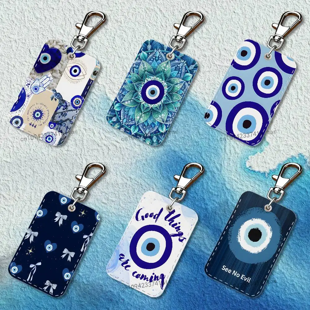 

Lucky Blue Evil Eye Rectangle Card Case Keychain Access Card Bag Key Tag Ring Leather Card Holder Key Ring Access