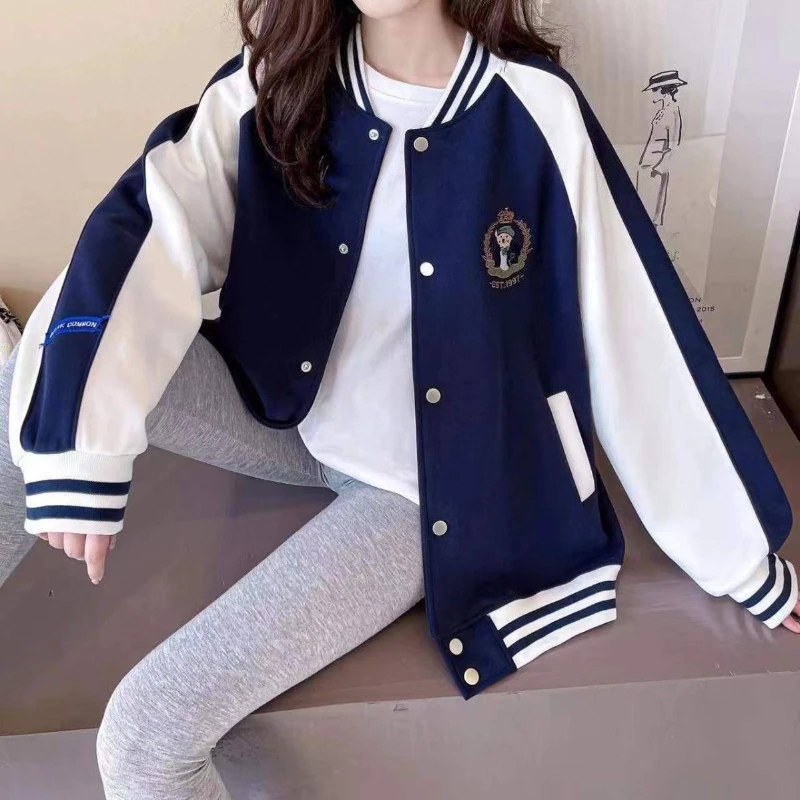 

Women's 2025 New Korean Style Casual Baseball Jacket Short Loose Bear Print Outerwear Fashionable Spring Autumn School Jacket