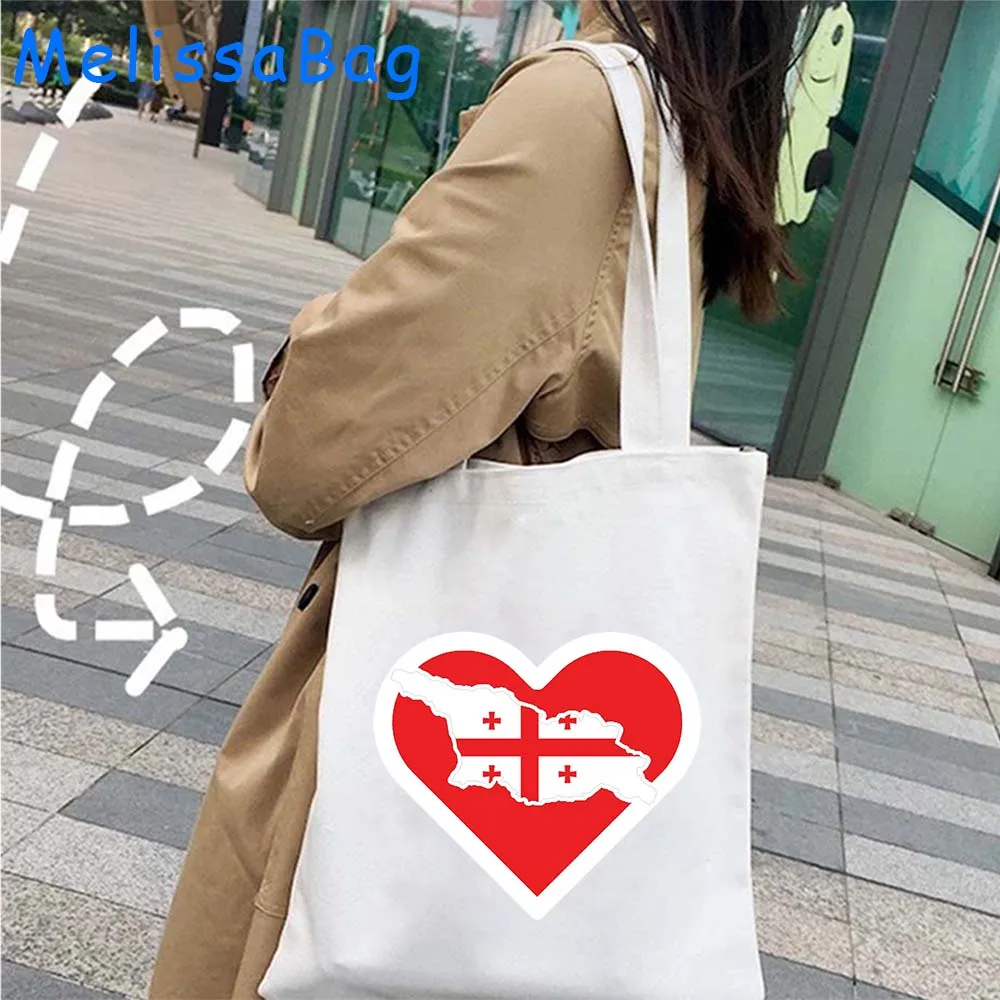 Vintage Love Heart Georgia Flag Map Canvas Shoulder Tote Bag Georgia State Flag Map Letter Print Shopper Reusable Cotton Handbag