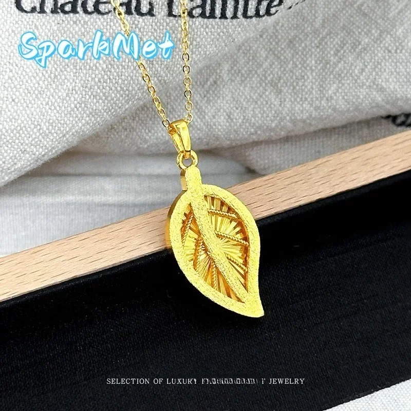 

Sparkmet Exquisite Light Luxury Pendant Hollow Leaves for Women 9999 24K Real Gold Small Leaf Pendant Versatile Necklace