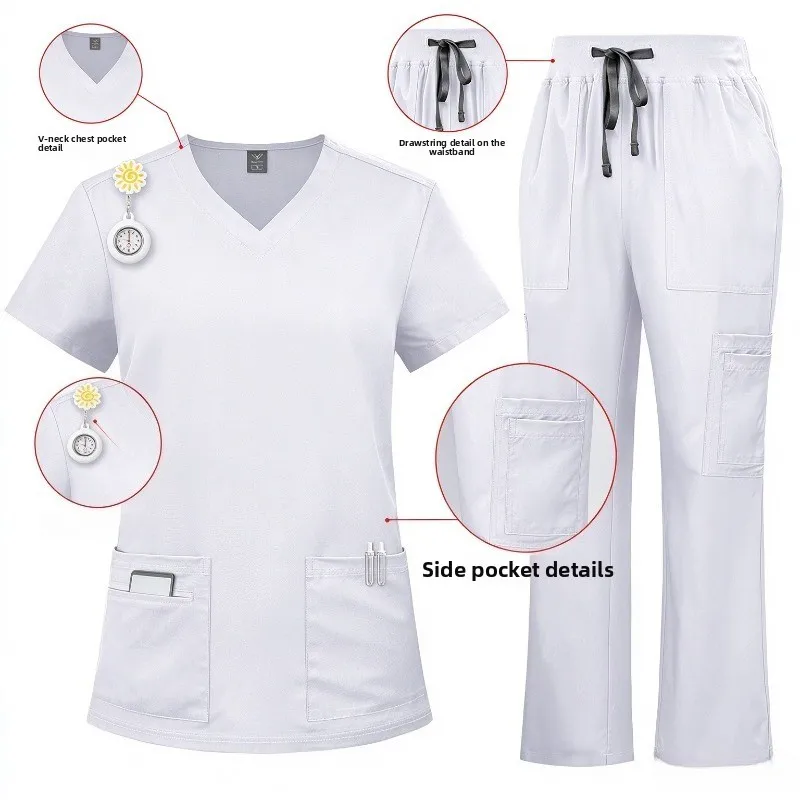 V Neck Multi Pocket Scrub Suit Set, Breathable Medical Uniform, Drawstring Workwear Outfit for Nursing Clinic Hospital Staff
